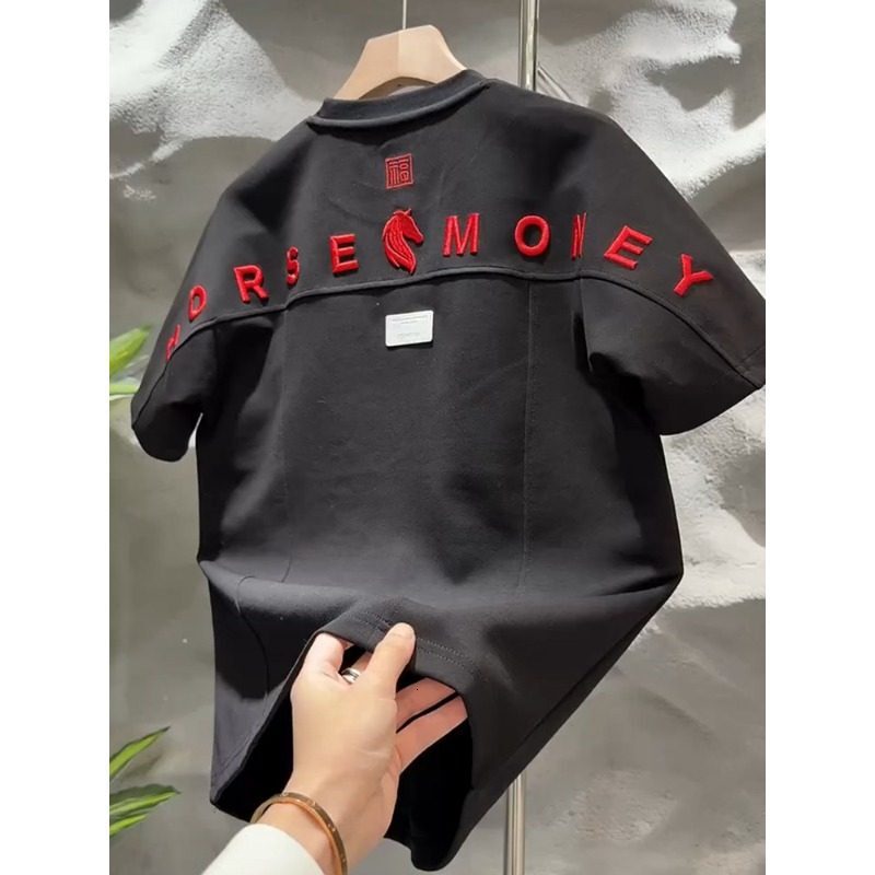 Heavy Industry Letter Embroidery Designer T-shirt Luxury Men's Clothing Solid Color Loose Business Cotton T-shirt Trendy Brand Sports Short Sleev