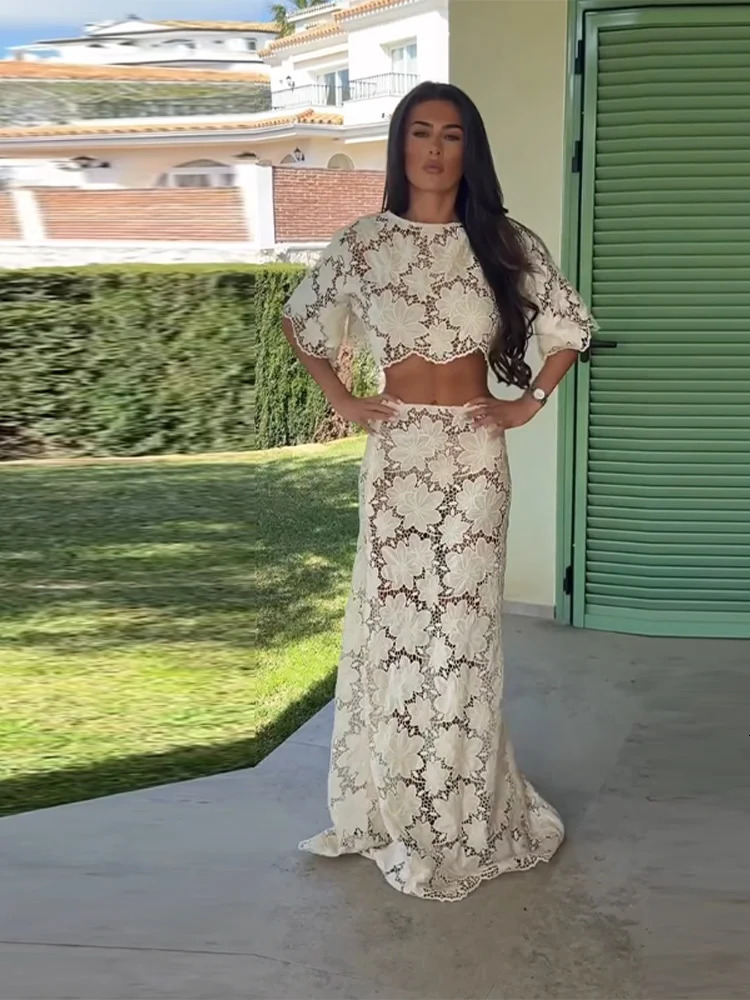 Floral Lace Puff Sleeve Crop Top Maxi Skirt Set Sheer Crochet Two-Piece Co-Ord 2026 Spring Summer Romantic Women Date Outfit 260511