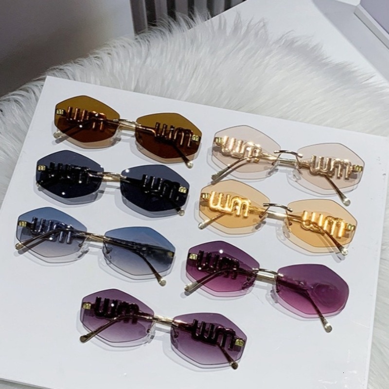 Rhinestone Rimless Sunglasses for Women Retro Rhombus Small Frame Anti Blue Light UV Protection Metal Sun Glasses
