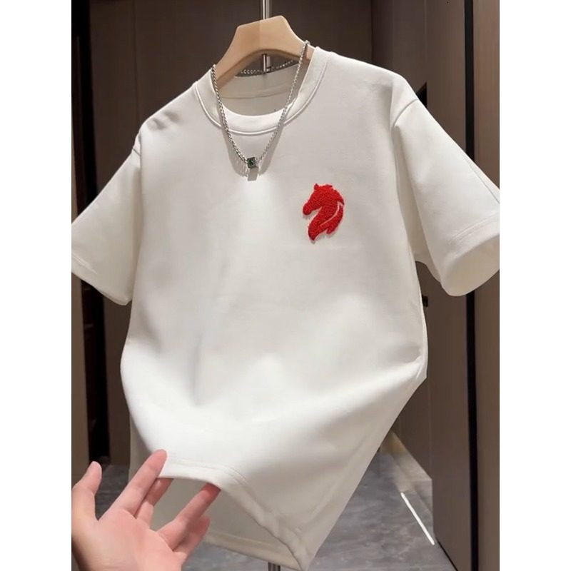 Heavy Industry Letter Embroidery Designer T-shirt Luxury Men's Clothing Solid Color Loose Business Cotton T-shirt Trendy Brand Sports Short Sleev