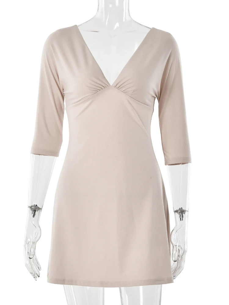 JULISSA MO Sexy Deep V-neck Half Sleeve Women Mini Dress Solid High Waist Dress Femme Summer Slim Casual Vacation Beachwear 2026 260511 - view 7