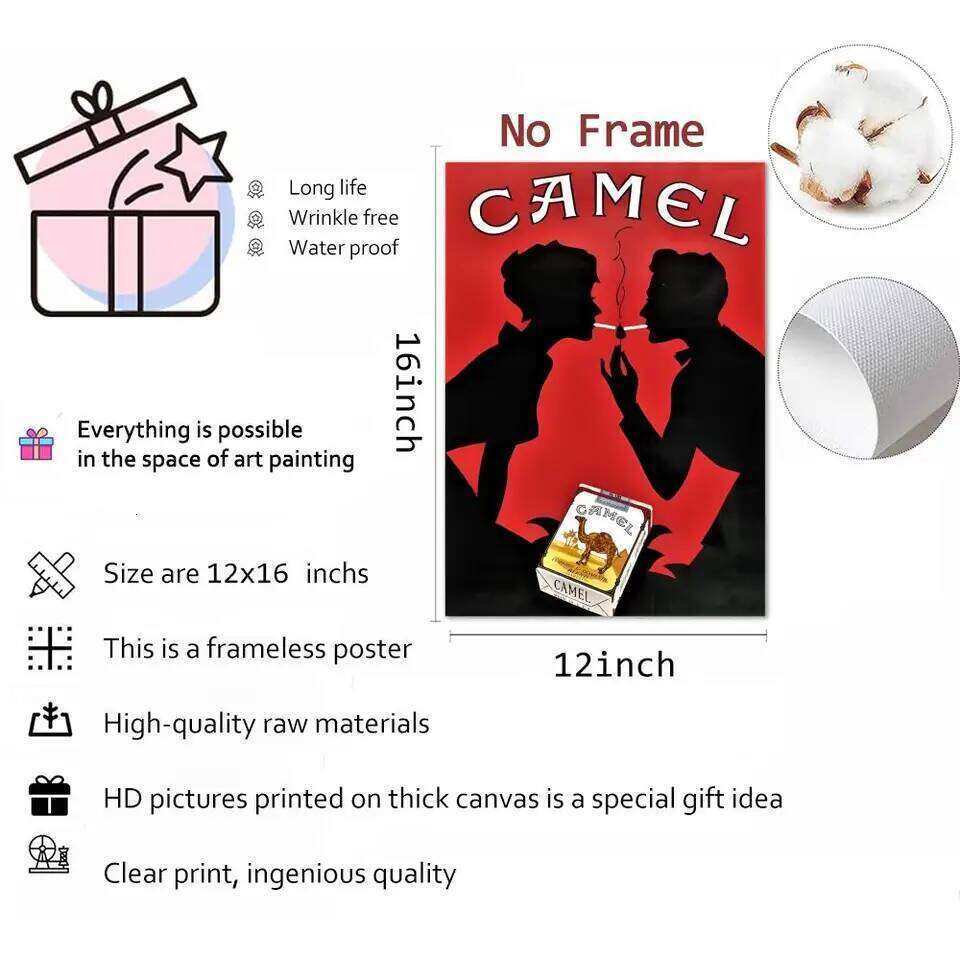vintage camel cigarettes Painting Calligraphy Canvas Poster: Crease Free Waterproof Durable All Space Wall Decor 26Y0511