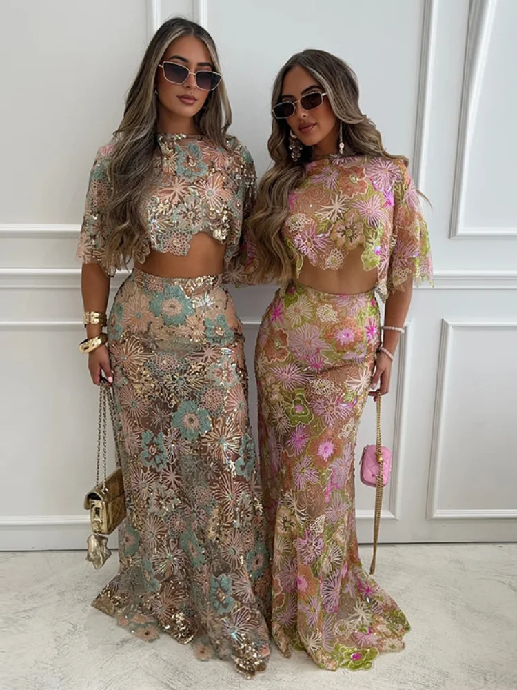 Floral Lace Puff Sleeve Crop Top Maxi Skirt Set Sheer Crochet Two-Piece Co-Ord 2026 Spring Summer Romantic Women Date Outfit 260511