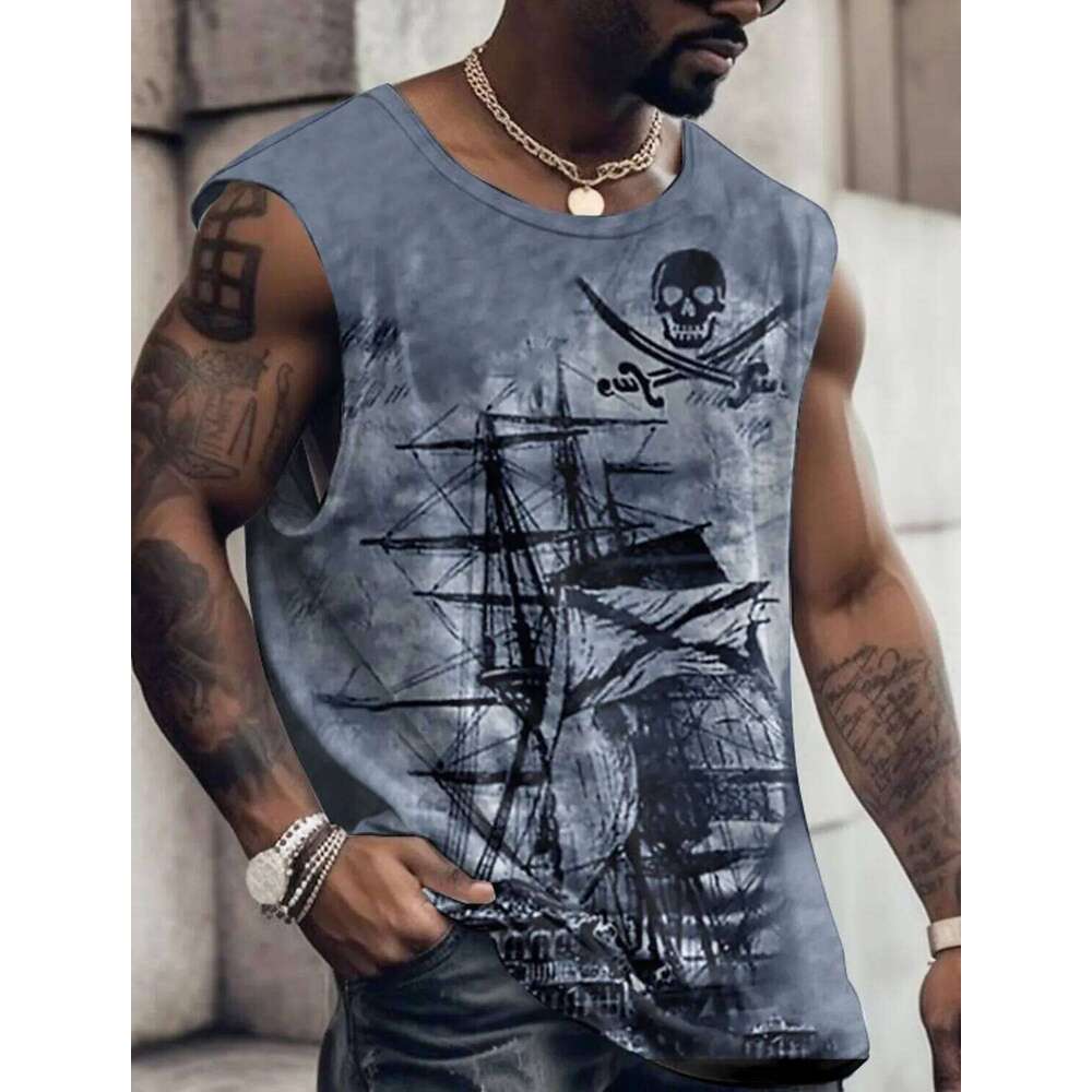Men's Bottom Shirt Pattern Boat Rudder O Neck 3D Outdoor Street Sleeveless Printed Clothing Athletic Casual Big & Tall Tank Top