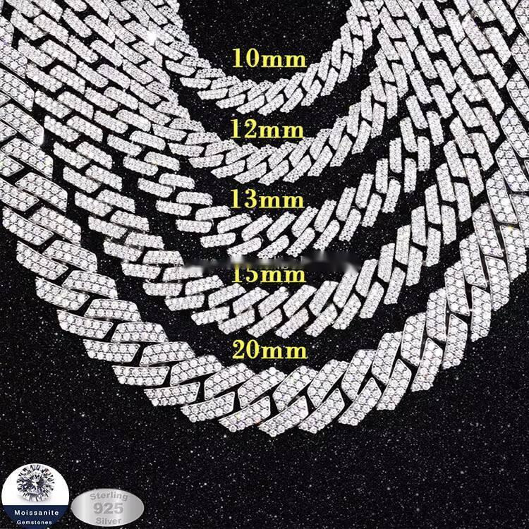 Yy RTS Iced Out 2rows VVS Moissanite Cuban Link Chian 925 Silver Fine Jewelry Necklaces for Men Pass Diamond Tester