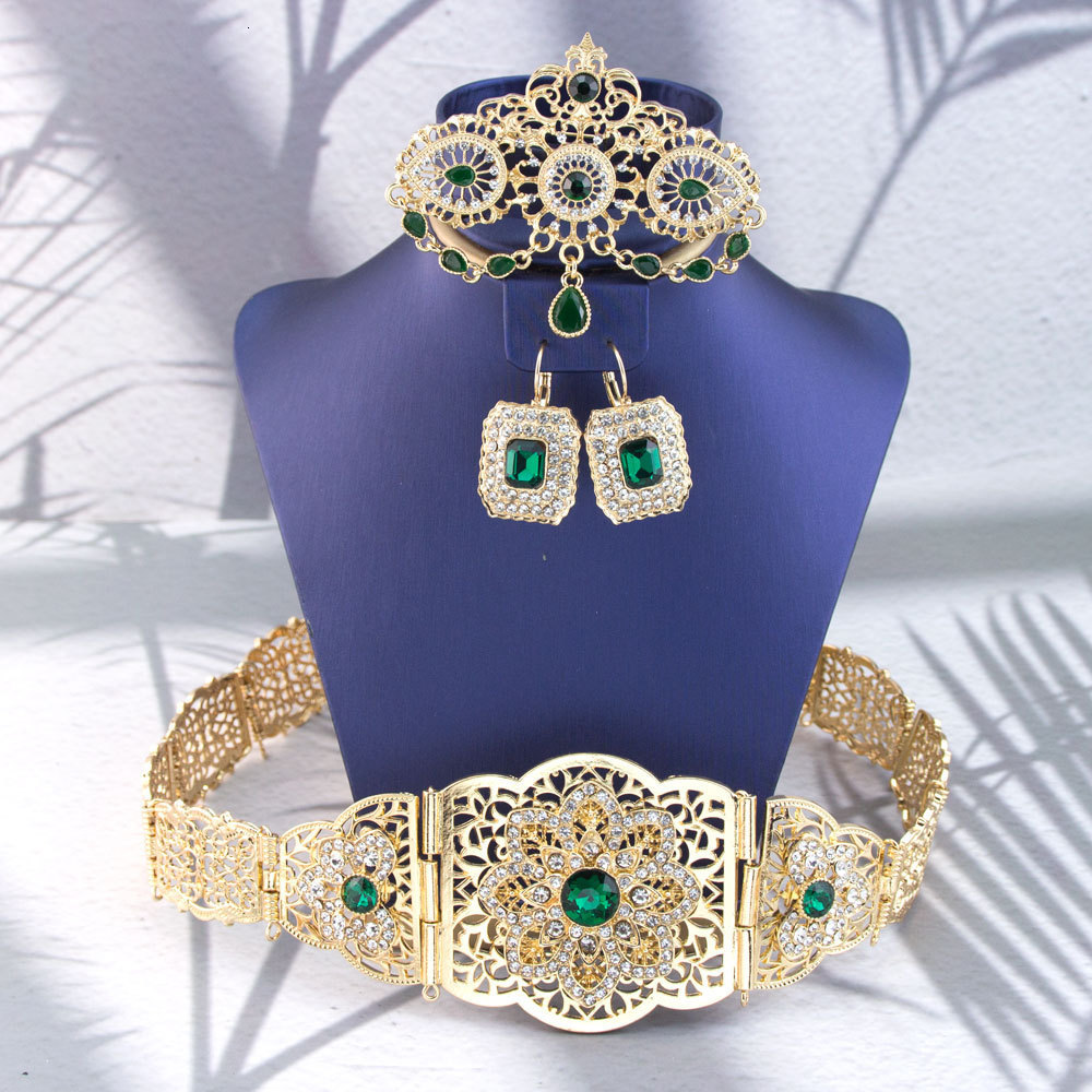 Arabian Wedding Jewelry Set Robe Dress Belt Earrings Necklace Moroccan Metal Waist Chain Wedding Bridal Crown Head Chain 241107