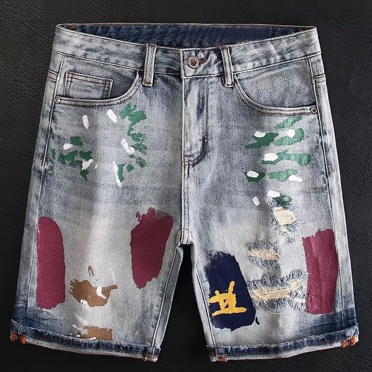 American Fashion Harajuku Graffiti Pattern Short Jeans Mens Loose Casual Summer Trousers Street Couple Jeans 250704
