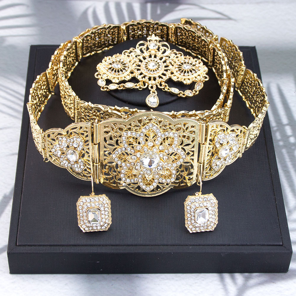 Arabian Wedding Jewelry Set Robe Dress Belt Earrings Necklace Moroccan Metal Waist Chain Wedding Bridal Crown Head Chain 241107