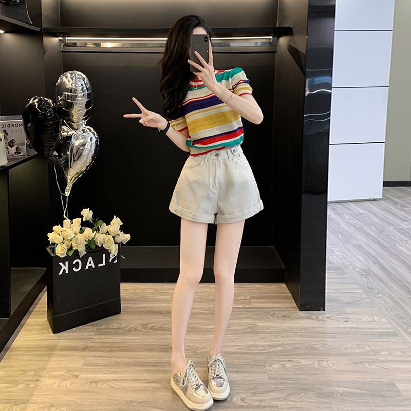 Casual womens fashion two-piece set for summer slimming high-waisted age-reducing loose-fitting striped short-sleeved elegant for petite figures 25082