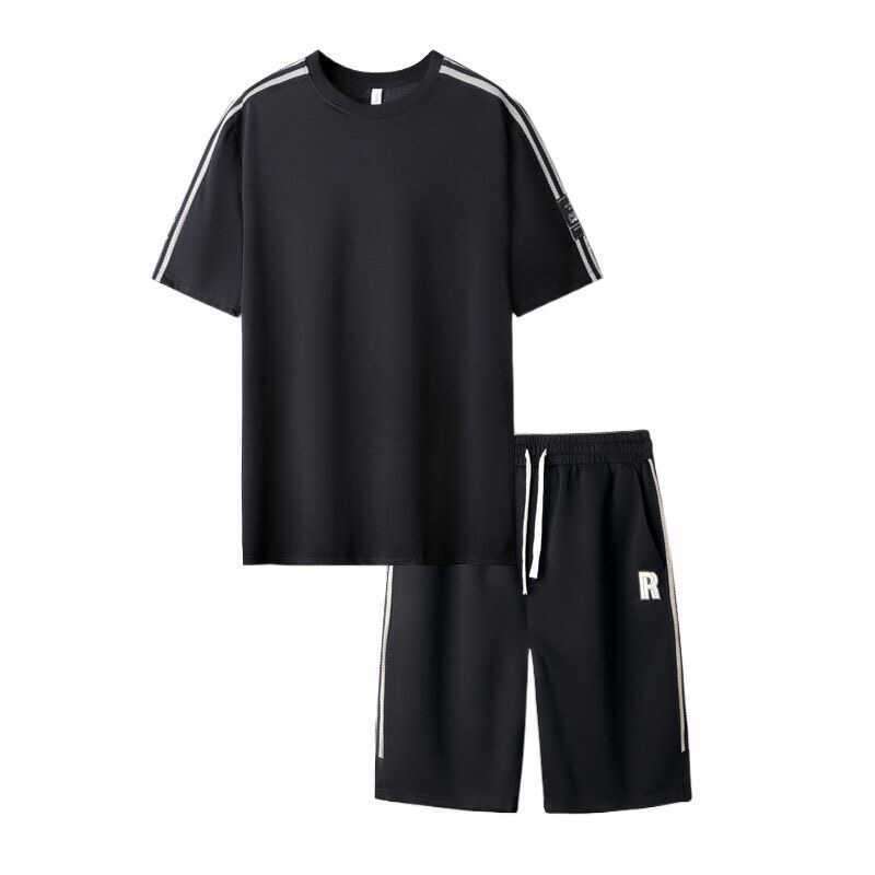 Summer Ice Silk Plus Size Short Sleeve T-Shirt Sports Set for Men, Five-Point Shorts for Big and Tall, Quick-Dry Two-Piece Set