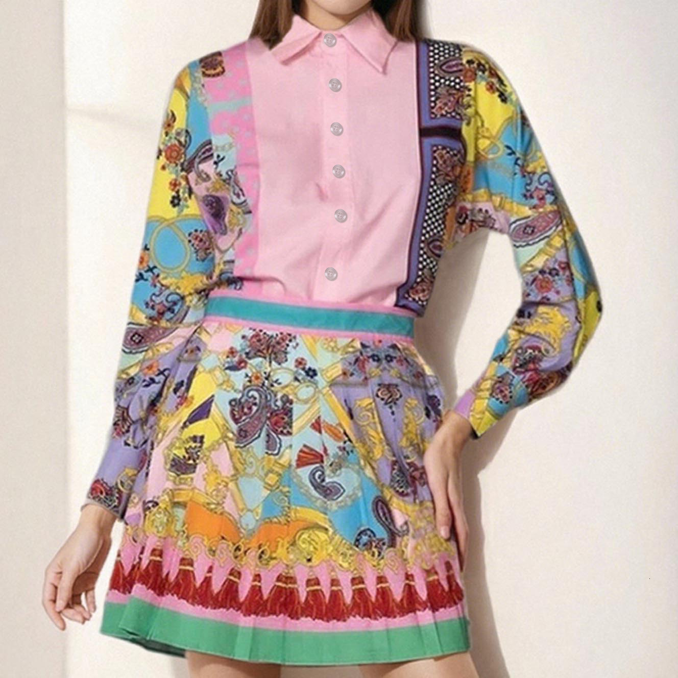 2026 Womens Clothing Spring New Style Printed Long-Sleeve Shirt and Pleated Skirt Two-Piece Set 240712