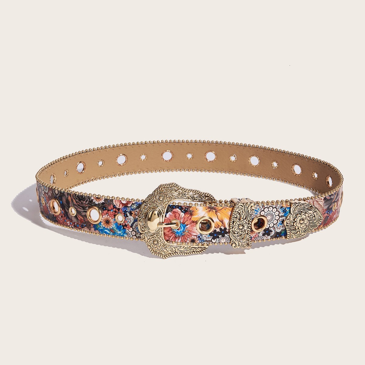 Womens Light and Elegant Carved Metal Buckle Multi-color Maple Leaf Glitter Print Beaded Edge Belt for Jeans 251113