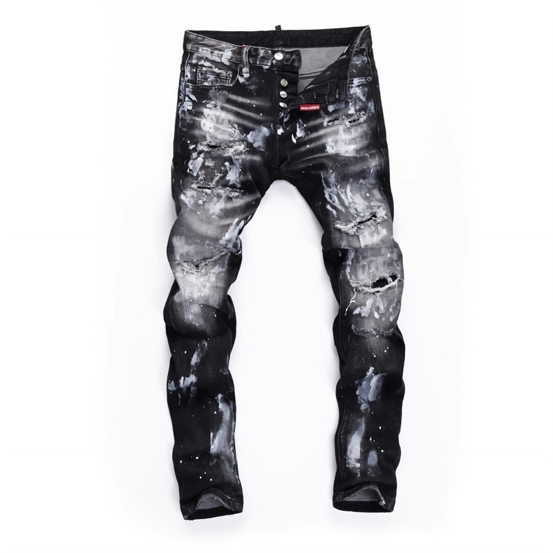 Jeans Men's black ink-blurry distressed patched slim-fit ankle-length fashionable style T260511