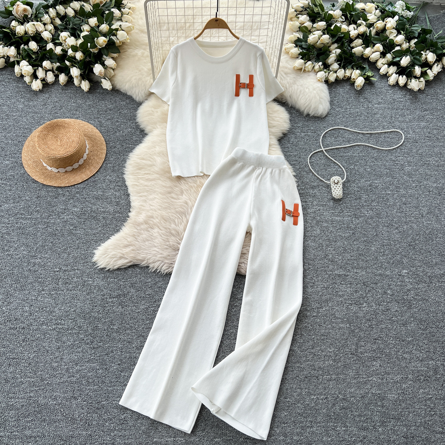 Designer Spring Summer New Short Sleeve Knitted Women Pullover Round Neck Top + Loose Wide Leg Pants Two Piece Set Trendy