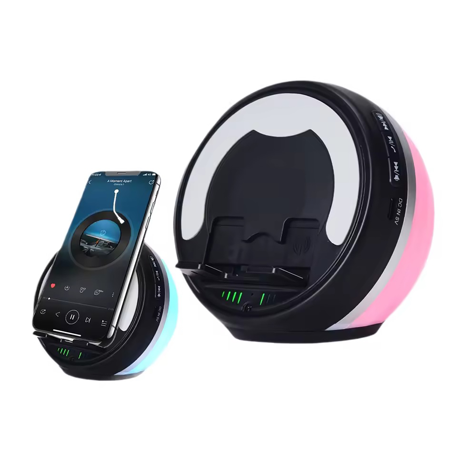 Sensor Speaker Phone Stand - Auto-Play on Contact, Wireless & Inductive Modes, RGB Light, TF Card, 360° Hi-Fi Sound, Foldable, 2000mAh
