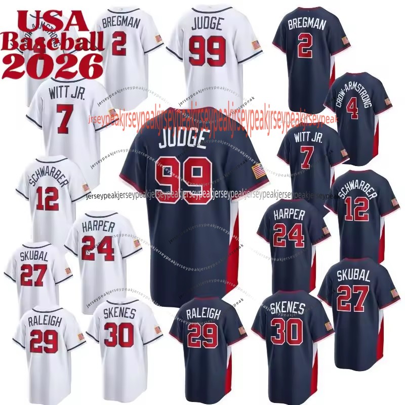 2025 2026 WBC USA Team Baseball Jersey Aaron Judge Bryce Harper Mookie Betts Bobby Witt Jr Corbin Carroll Paul Skenes Tarik Skubal Zack Wheeler Logan 