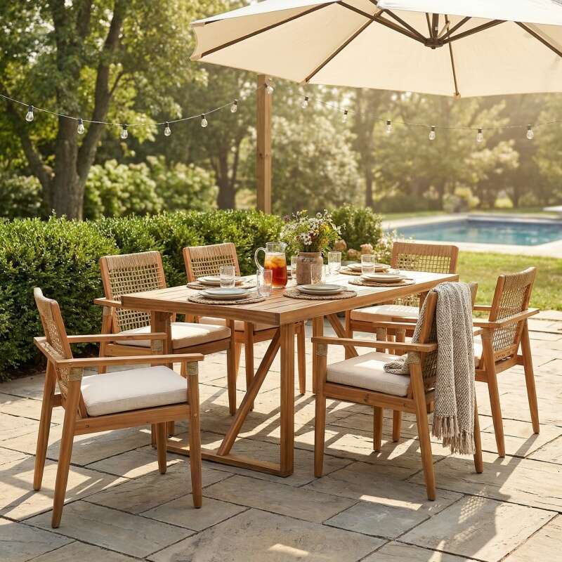 7 Pieces Acacia Wood Outdoor CushionsModern 6 Chairs with Handwoven Cord and 1 Large Table Dining Furniture Set for Lawn Backyard Garden DeckPoolsideT