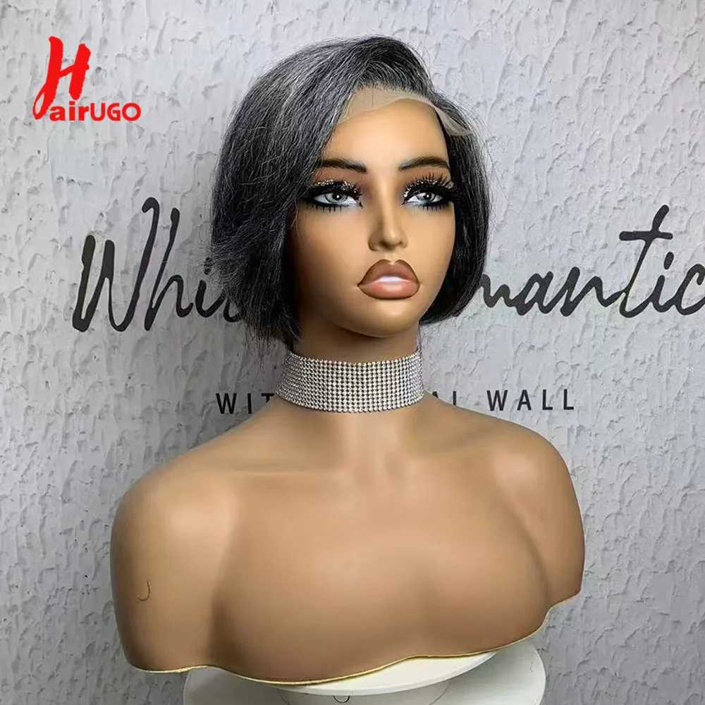 Gray Color 4x4 Lace Closure Human Hair Wigs For Women Mix Silver Lace Closure Wigs Pre Plucked 8 Inches Short BOB Wigs HairUGo X260511