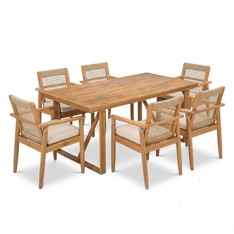 7 Pieces Acacia Wood Outdoor CushionsModern 6 Chairs with Handwoven Cord and 1 Large Table Dining Furniture Set for Lawn Backyard Garden DeckPoolsideT