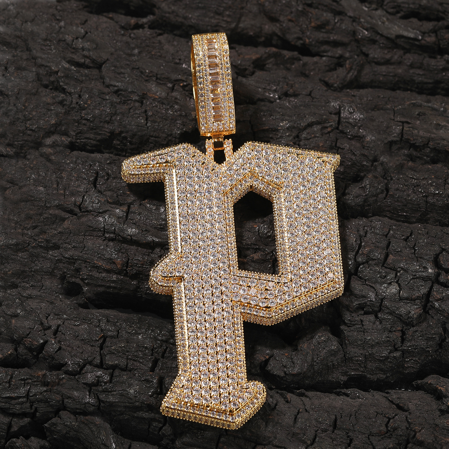 Hip Hop Big P Letter Pendant Necklace 5A Zircon 18K Real Gold Plated Rap Jewelry