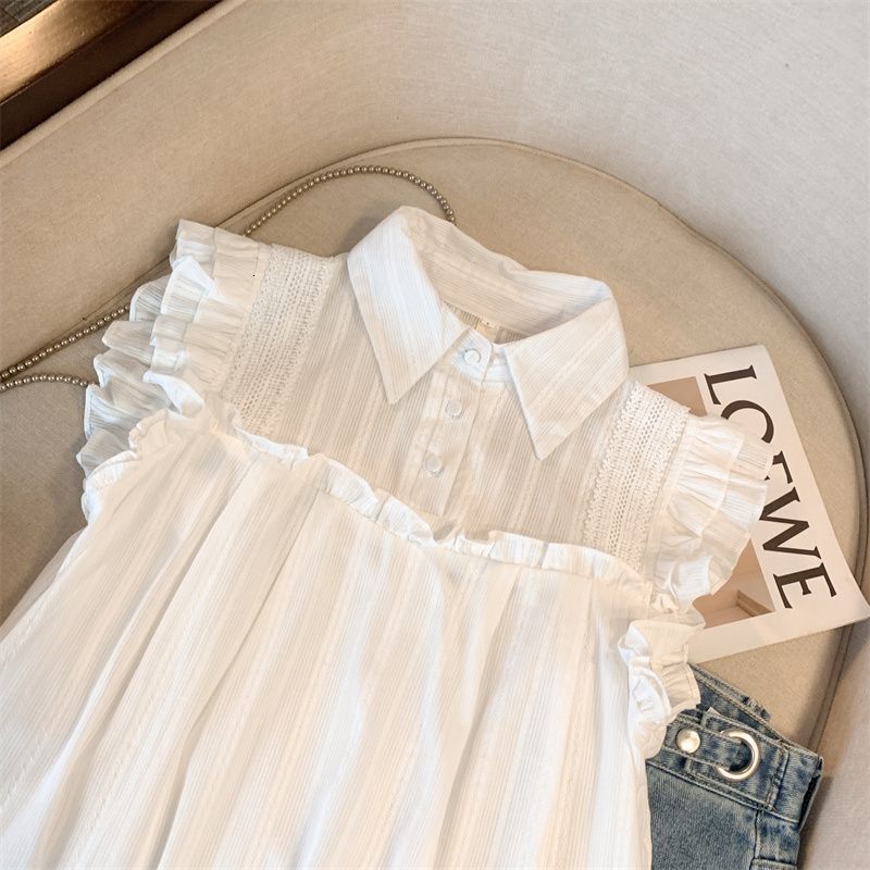 Designer 2026 White Shirt For Women French Style Gentle Luxury Turn-down Collar Sleeveless Ruffled Flutter Sleeve Babydoll Loose Belly-covering Chiffo