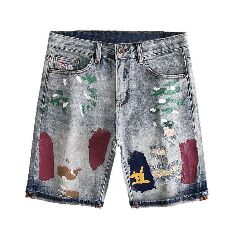 American Fashion Harajuku Graffiti Pattern Short Jeans Mens Loose Casual Summer Trousers Street Couple Jeans 250704