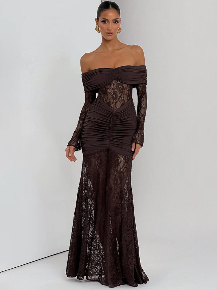 Mozision Off-shoulder Long Sleeve Sexy Maxi Dress Women Fashion Lace See Through Strapless Backless Bodycon Club Party Dresses 260511 - view 5