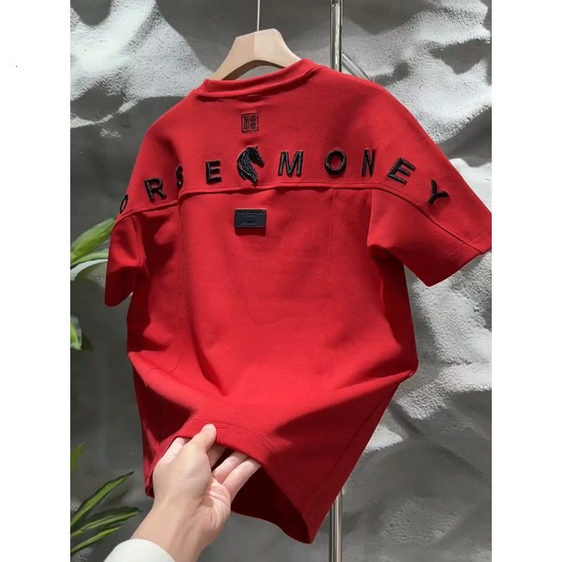 Heavy Industry Letter Embroidery Designer T-shirt Luxury Men's Clothing Solid Color Loose Business Cotton T-shirt Trendy Brand Sports Short Sleev