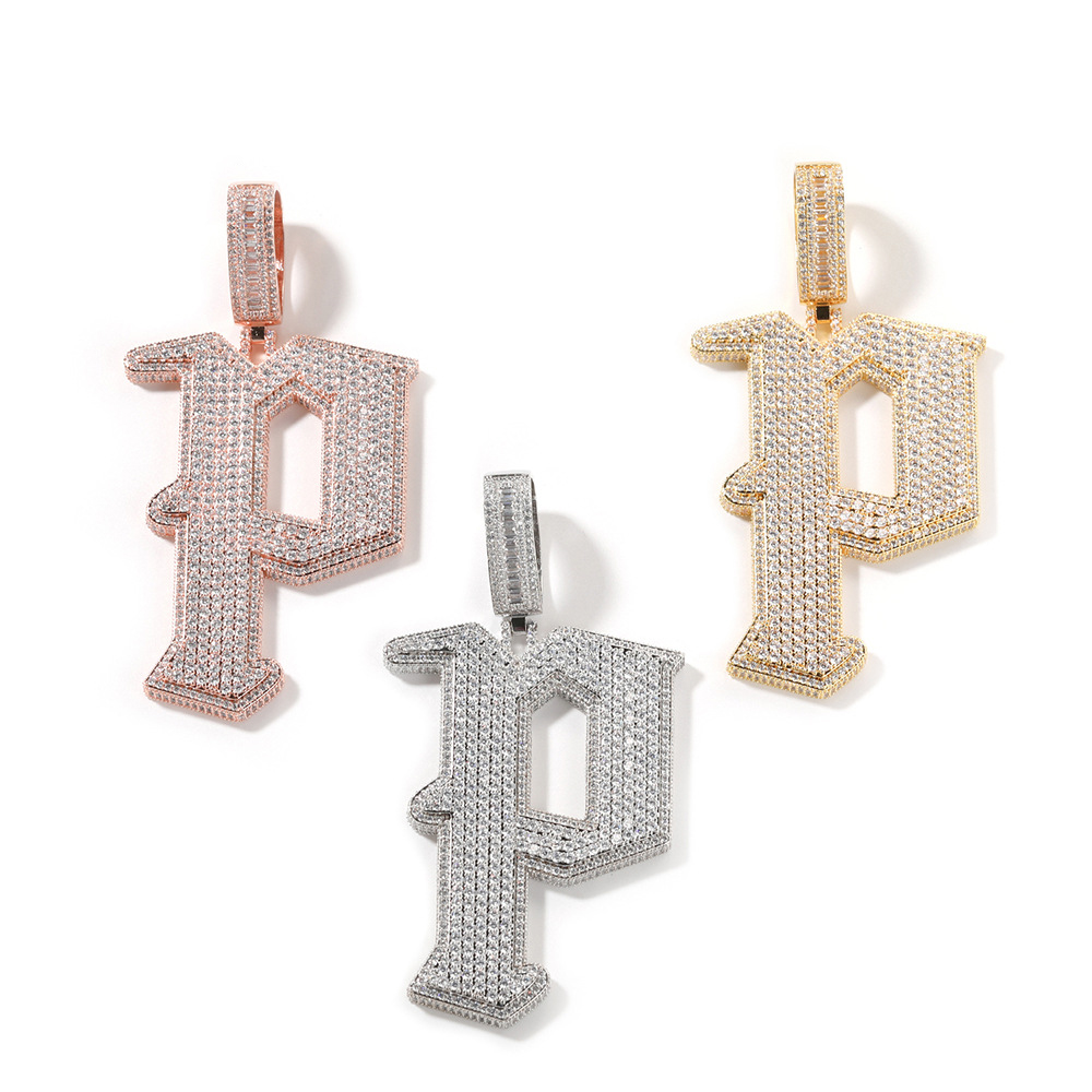 Hip Hop Big P Letter Pendant Necklace 5A Zircon 18K Real Gold Plated Rap Jewelry