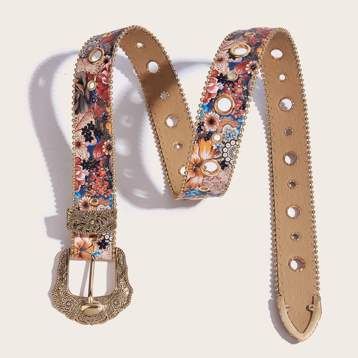Womens Light and Elegant Carved Metal Buckle Multi-color Maple Leaf Glitter Print Beaded Edge Belt for Jeans 251113