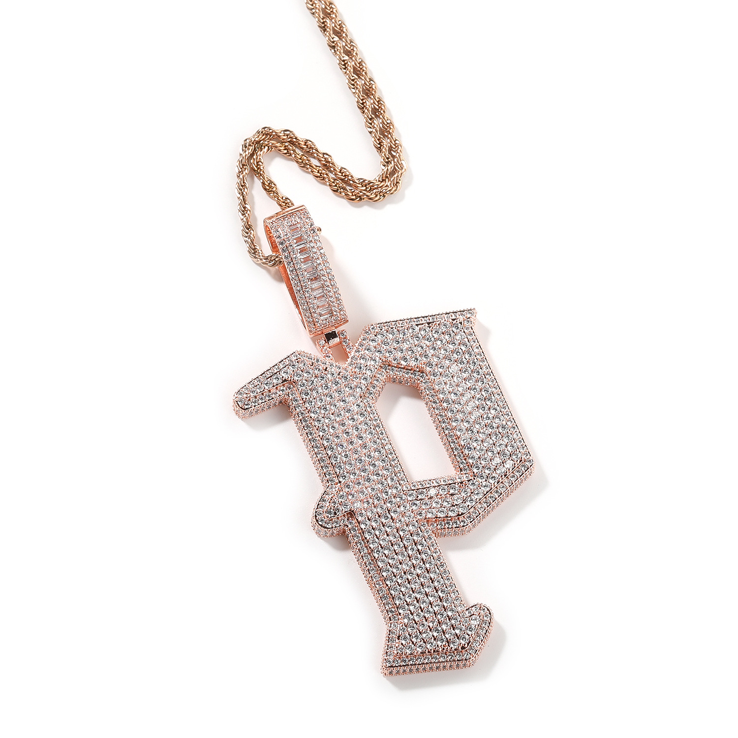 Hip Hop Big P Letter Pendant Necklace 5A Zircon 18K Real Gold Plated Rap Jewelry