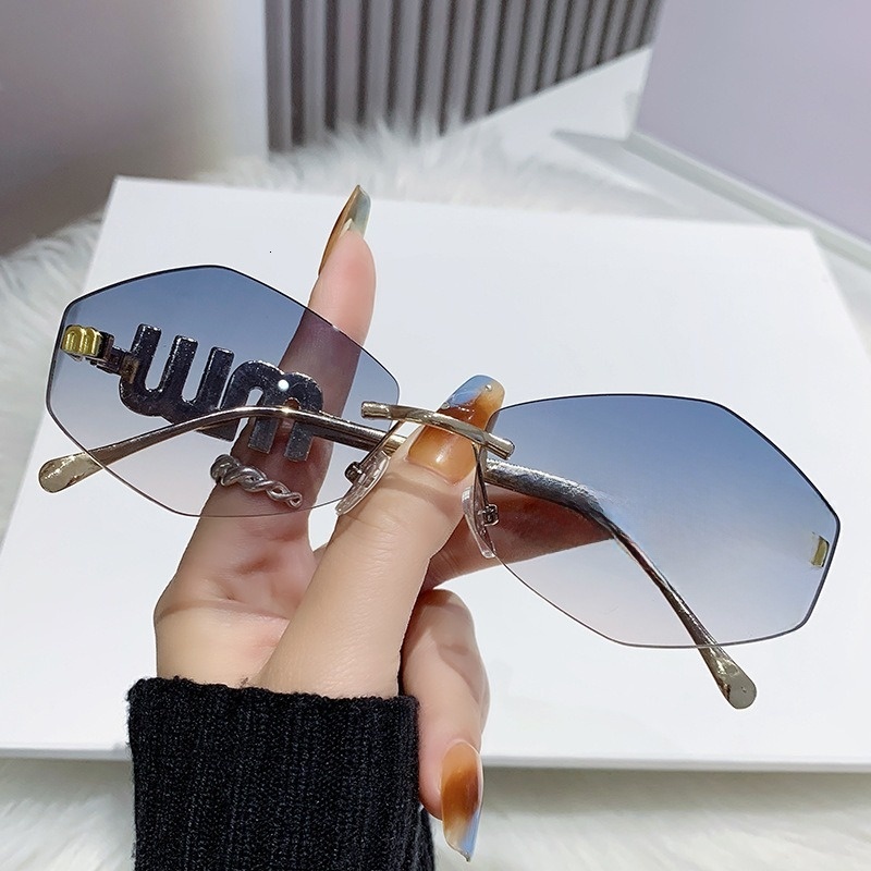 Rhinestone Rimless Sunglasses for Women Retro Rhombus Small Frame Anti Blue Light UV Protection Metal Sun Glasses