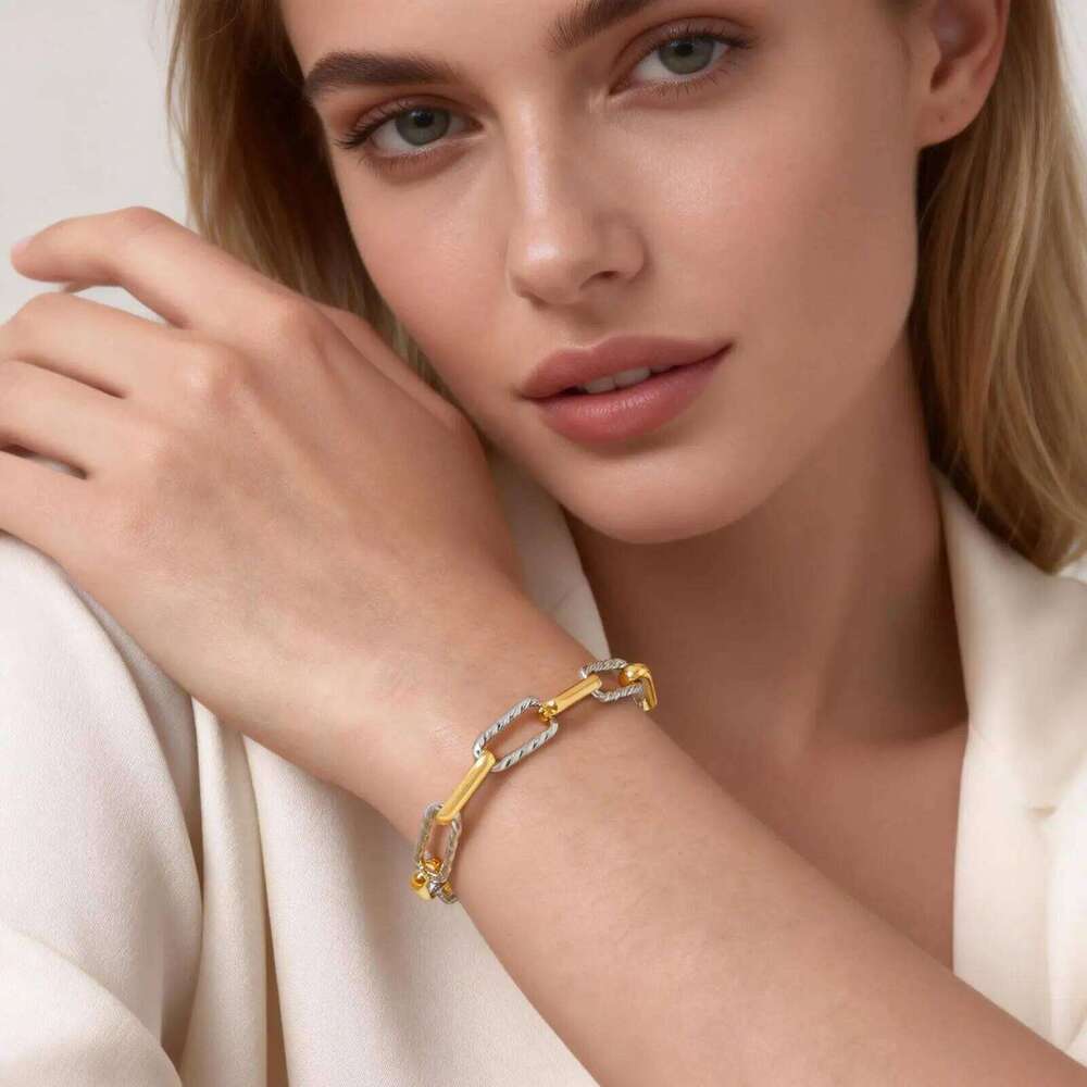 Two Tone Twist Link Paperclip for Women, Chunky Stainless Steel Bracelet Adjustable Link, 18k Gold Plated Jewelry J260511