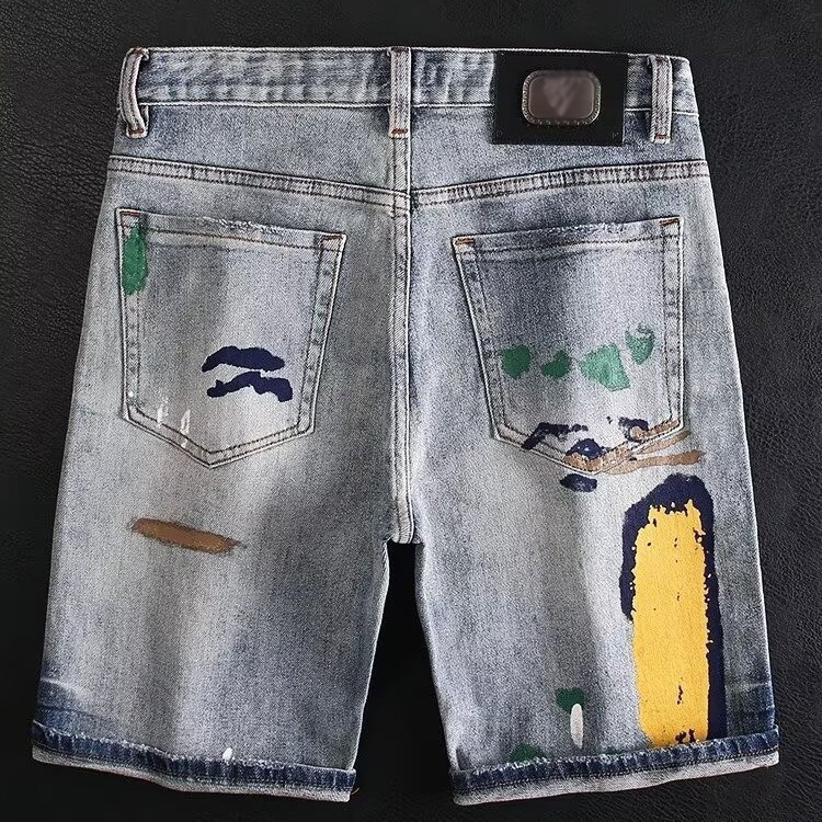 American Fashion Harajuku Graffiti Pattern Short Jeans Mens Loose Casual Summer Trousers Street Couple Jeans 250704