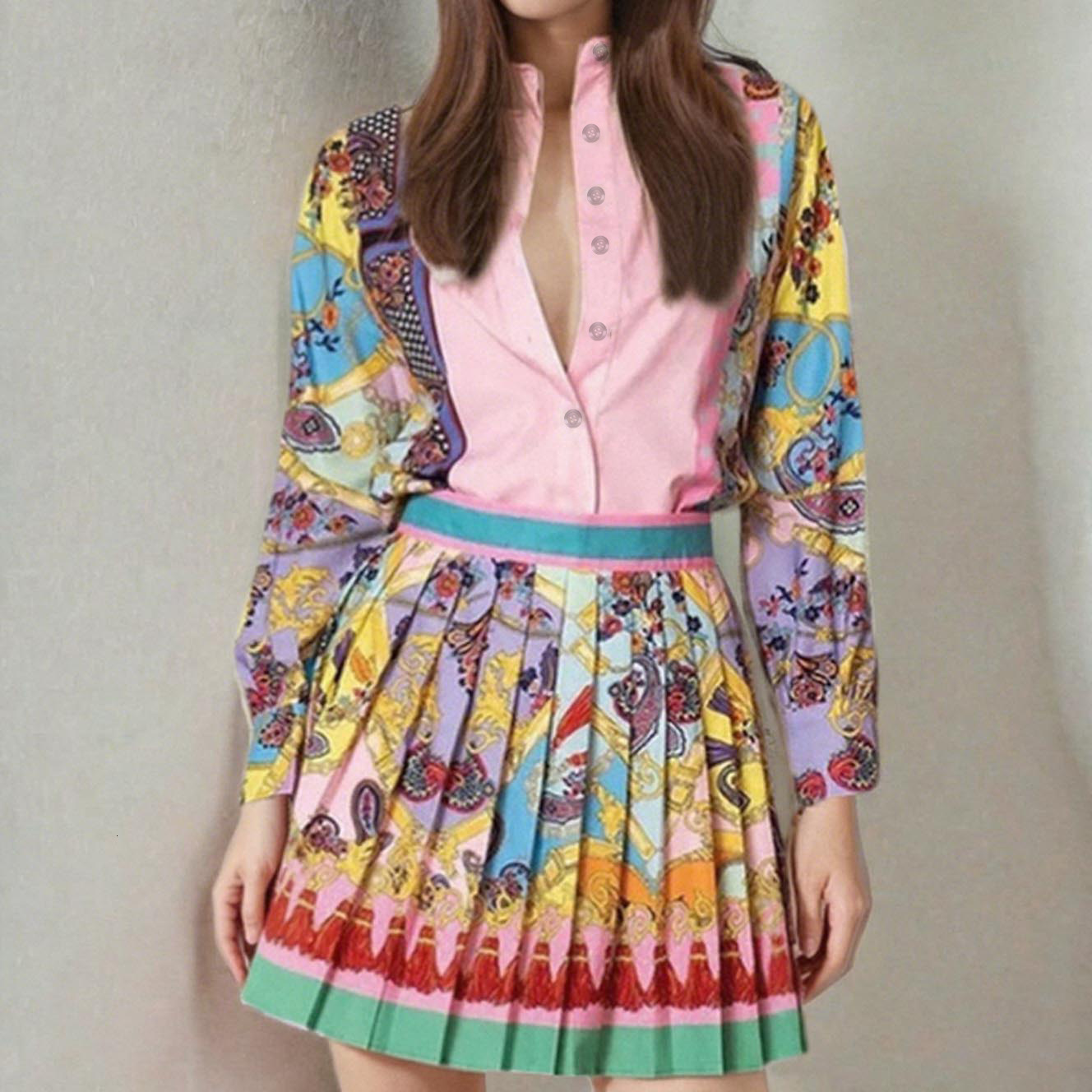 2026 Womens Clothing Spring New Style Printed Long-Sleeve Shirt and Pleated Skirt Two-Piece Set 240712