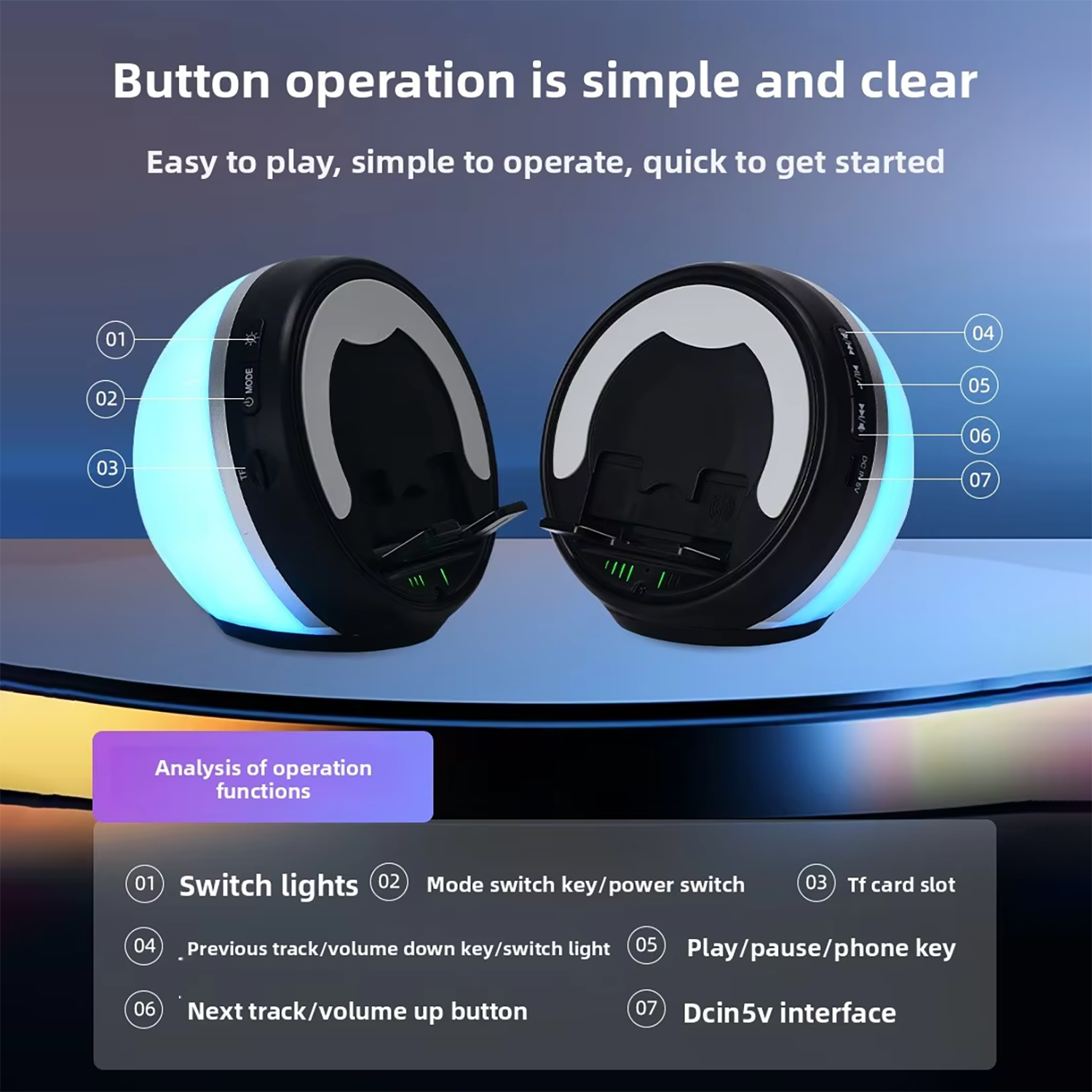 Sensor Speaker Phone Stand - Auto-Play on Contact, Wireless & Inductive Modes, RGB Light, TF Card, 360° Hi-Fi Sound, Foldable, 2000mAh