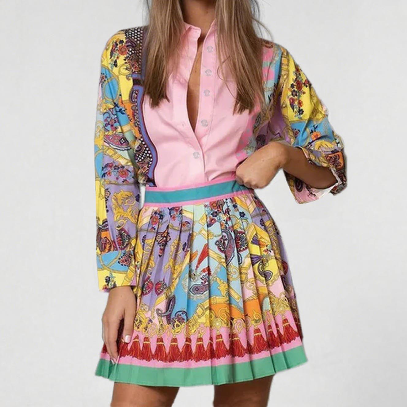 2026 Womens Clothing Spring New Style Printed Long-Sleeve Shirt and Pleated Skirt Two-Piece Set 240712