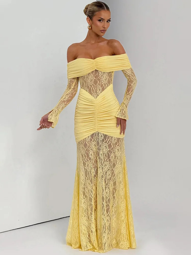 Mozision Off-shoulder Long Sleeve Sexy Maxi Dress Women Fashion Lace See Through Strapless Backless Bodycon Club Party Dresses 260511 - view 6