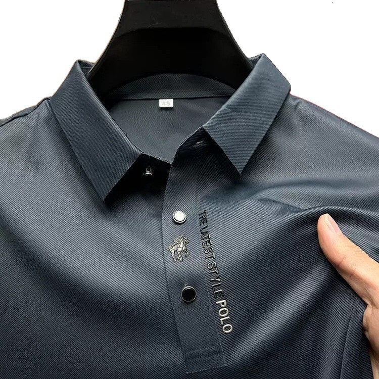 Designer High-end foreign trade summer polo shirt for men, business casual seamless ice silk short-sleeve t-shirt with turn-down collar and printed lo