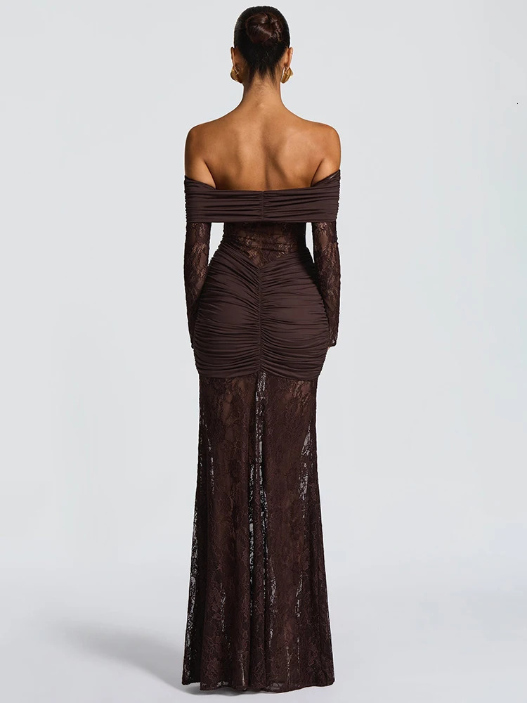 Mozision Off-shoulder Long Sleeve Sexy Maxi Dress Women Fashion Lace See Through Strapless Backless Bodycon Club Party Dresses 260511 - view 4