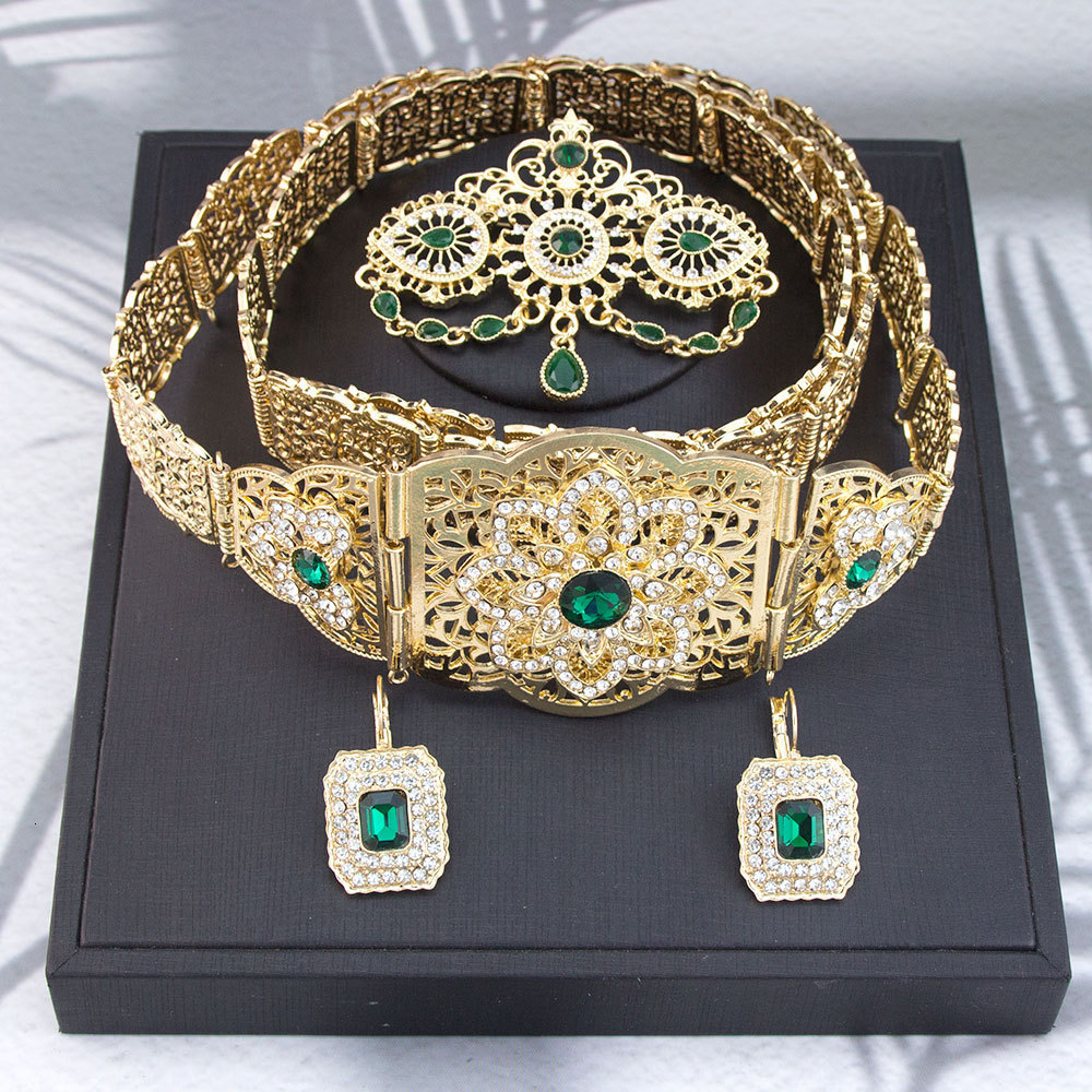 Arabian Wedding Jewelry Set Robe Dress Belt Earrings Necklace Moroccan Metal Waist Chain Wedding Bridal Crown Head Chain 241107