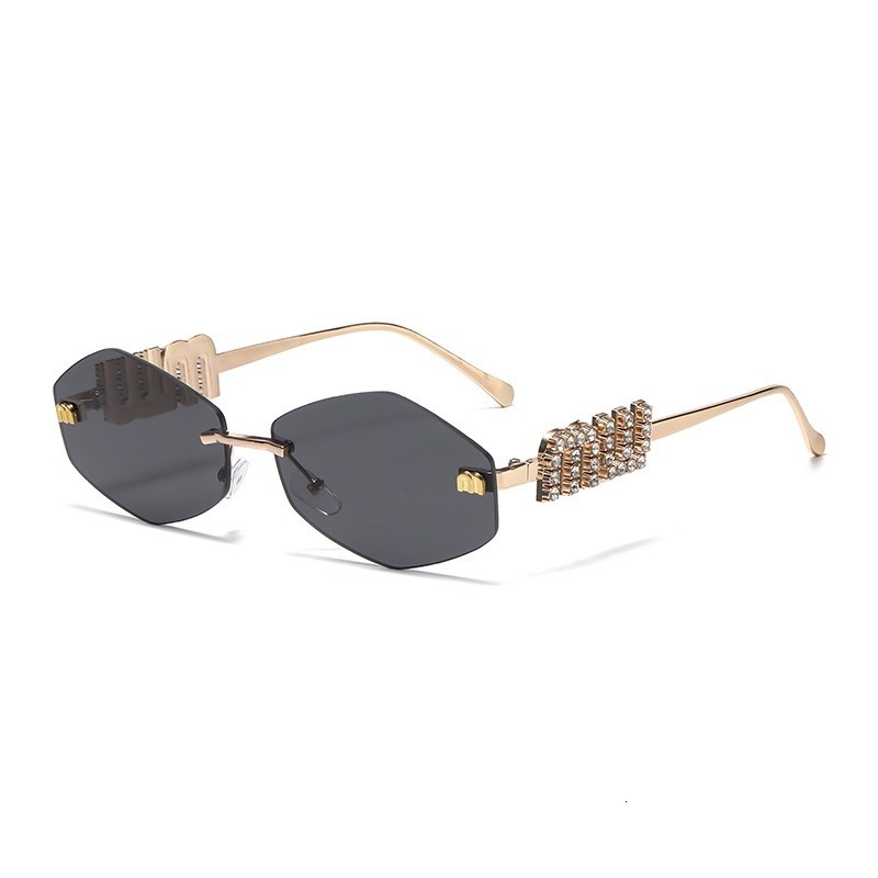 Rhinestone Rimless Sunglasses for Women Retro Rhombus Small Frame Anti Blue Light UV Protection Metal Sun Glasses