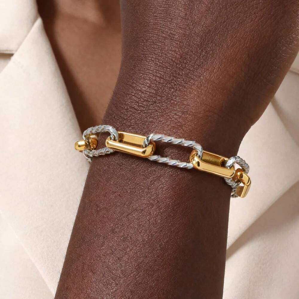 Two Tone Twist Link Paperclip for Women, Chunky Stainless Steel Bracelet Adjustable Link, 18k Gold Plated Jewelry J260511