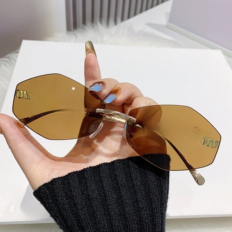 Rhinestone Rimless Sunglasses for Women Retro Rhombus Small Frame Anti Blue Light UV Protection Metal Sun Glasses