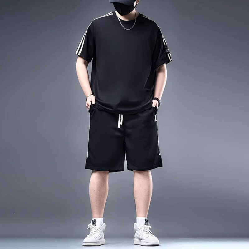 Summer Ice Silk Plus Size Short Sleeve T-Shirt Sports Set for Men, Five-Point Shorts for Big and Tall, Quick-Dry Two-Piece Set