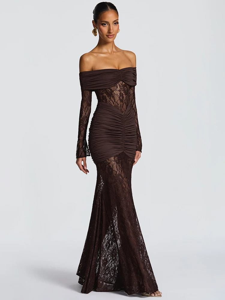 Mozision Off-shoulder Long Sleeve Sexy Maxi Dress Women Fashion Lace See Through Strapless Backless Bodycon Club Party Dresses 260511 - view 3