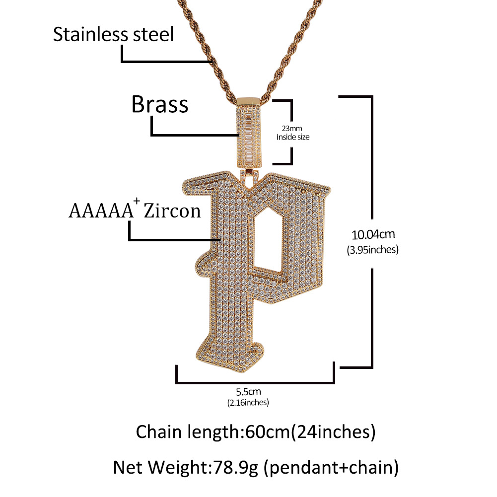 Hip Hop Big P Letter Pendant Necklace 5A Zircon 18K Real Gold Plated Rap Jewelry