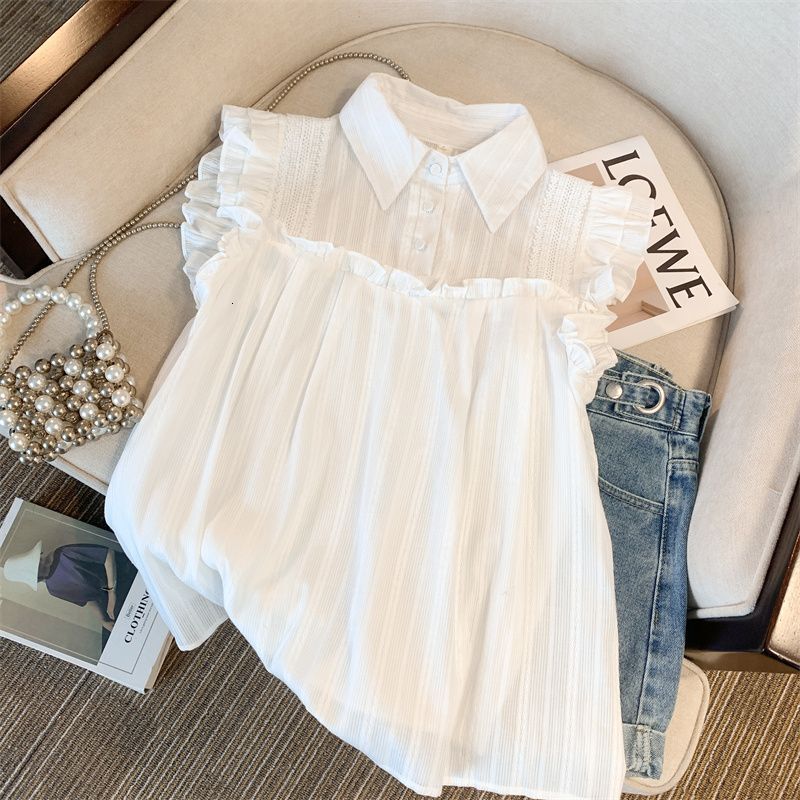 Designer 2026 White Shirt For Women French Style Gentle Luxury Turn-down Collar Sleeveless Ruffled Flutter Sleeve Babydoll Loose Belly-covering Chiffo