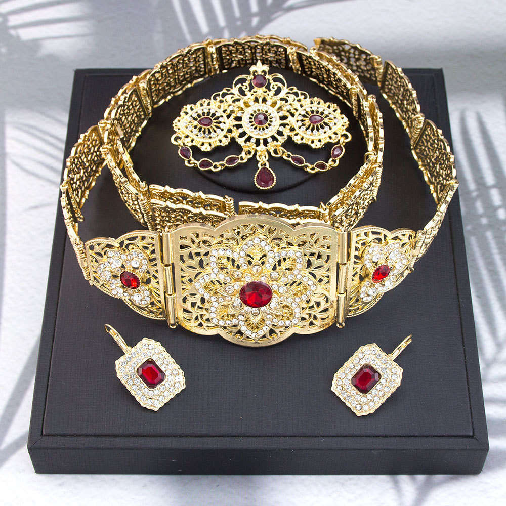 Arabian Wedding Jewelry Set Robe Dress Belt Earrings Necklace Moroccan Metal Waist Chain Wedding Bridal Crown Head Chain 241107
