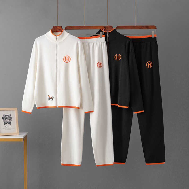 New Creative Horse Embroidery Color Block Long Sleeve Jacket Casual Knit Pants Two Piece Set